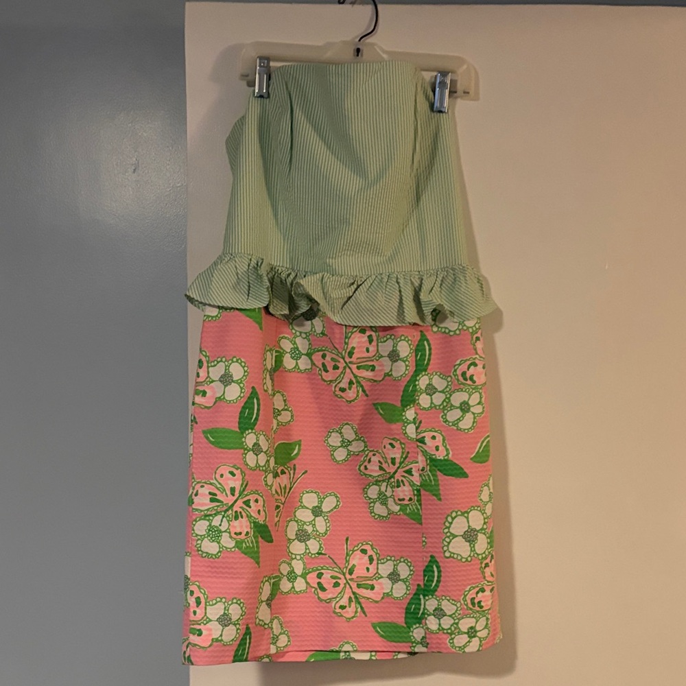 Lilly Pulitzer Green and Pink Strapless Mini Dress